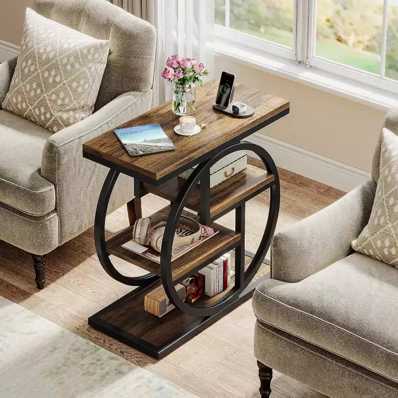 Okak Industrial Table d'appoint ronde à 4 niveaux en métal, petite table de chevet rustique, table de canapé derrière le canapé pour le couloir, le salon