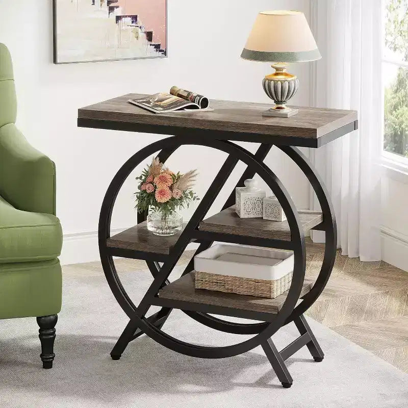 Okak Industrial Table d'appoint ronde à 4 niveaux en métal, petite table de chevet rustique, table de canapé derrière le canapé pour le couloir, le salon