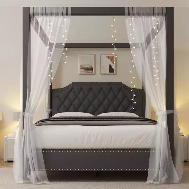 Cadre de lit baldaquin rembourré pleine taille avec tête de lit capitonnée, clous décoratifs, pas besoin de sommier tapissier