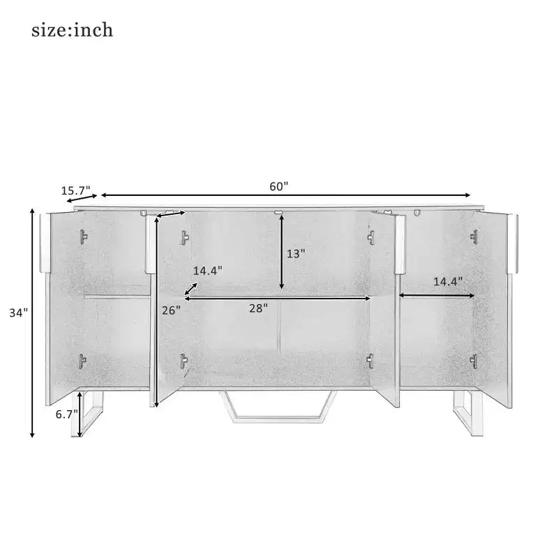 Buffet Hostack avec 4 portes, étagères réglables, poignées et pieds en métal pour salon, blanc