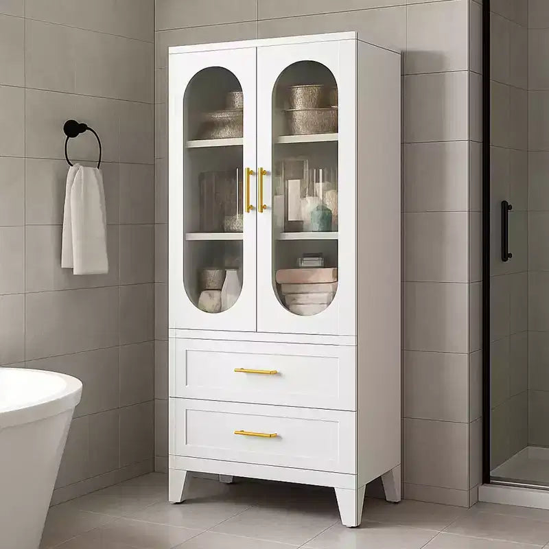 Meuble de Rangement Haut pour Cuisine de 185 cm, Meuble de Rangement de Salle de Bain en Métal avec 2 Tiroirs et Porte en Verre, Vitrine Polyvalente pour Bureau, Salle à Manger, Salon