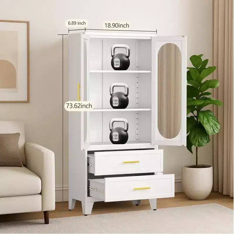 Meuble de Rangement Haut pour Cuisine de 185 cm, Meuble de Rangement de Salle de Bain en Métal avec 2 Tiroirs et Porte en Verre, Vitrine Polyvalente pour Bureau, Salle à Manger, Salon