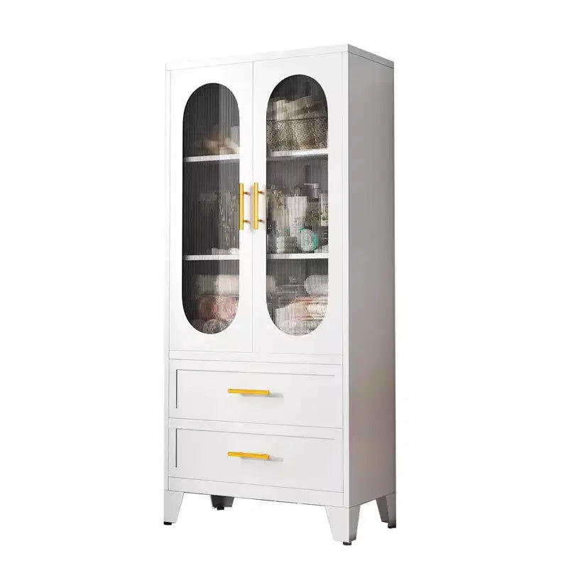 Meuble de Rangement Haut pour Cuisine de 185 cm, Meuble de Rangement de Salle de Bain en Métal avec 2 Tiroirs et Porte en Verre, Vitrine Polyvalente pour Bureau, Salle à Manger, Salon