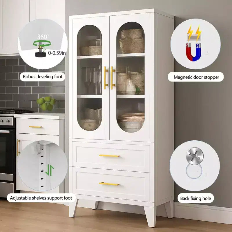 Meuble de Rangement Haut pour Cuisine de 185 cm, Meuble de Rangement de Salle de Bain en Métal avec 2 Tiroirs et Porte en Verre, Vitrine Polyvalente pour Bureau, Salle à Manger, Salon