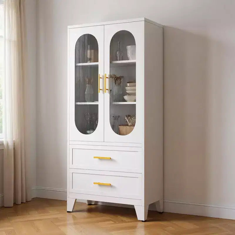 Meuble de Rangement Haut pour Cuisine de 185 cm, Meuble de Rangement de Salle de Bain en Métal avec 2 Tiroirs et Porte en Verre, Vitrine Polyvalente pour Bureau, Salle à Manger, Salon