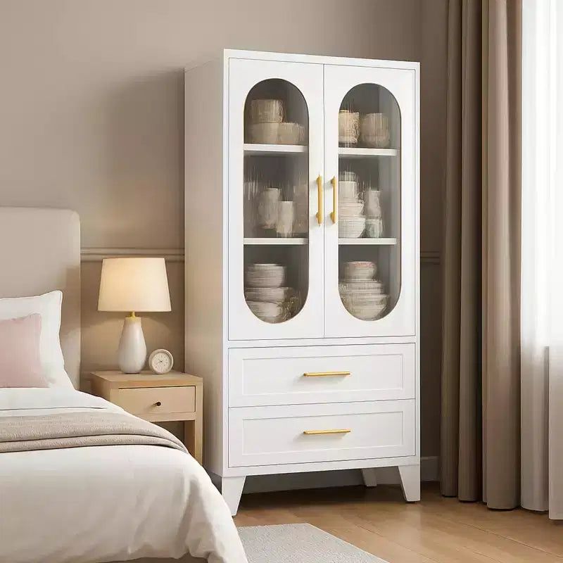 Meuble de Rangement Haut pour Cuisine de 185 cm, Meuble de Rangement de Salle de Bain en Métal avec 2 Tiroirs et Porte en Verre, Vitrine Polyvalente pour Bureau, Salle à Manger, Salon