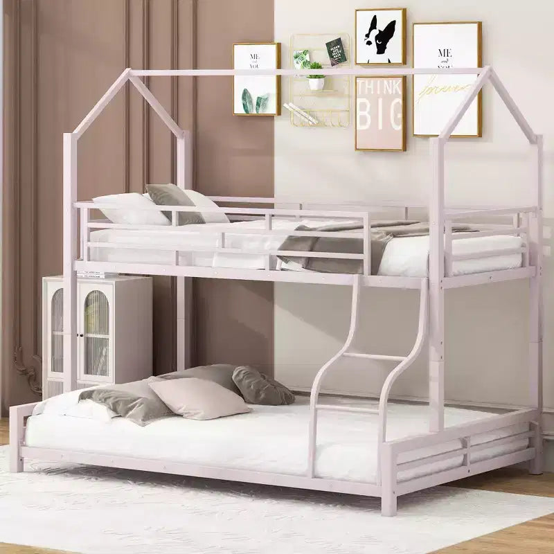 Twin over Full Metal House Bunk Bed, Heavy Duty Metal Bunk Bed Frame with Ladder and Safety Guardrails, Can Divided into 2 Beds, Pink