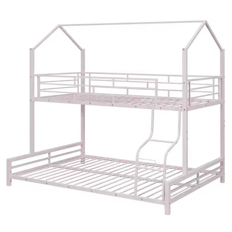 Lit superposé métallique en forme de maison, de taille simple sur double, avec échelle et garde-corps de sécurité, peut être divisé en 2 lits, Rose