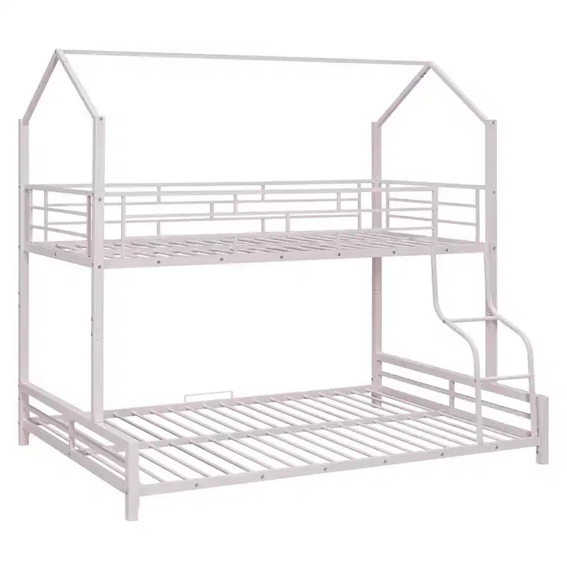 Lit superposé métallique en forme de maison, de taille simple sur double, avec échelle et garde-corps de sécurité, peut être divisé en 2 lits, Rose