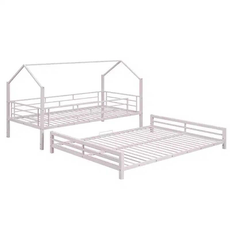 Lit superposé métallique en forme de maison, de taille simple sur double, avec échelle et garde-corps de sécurité, peut être divisé en 2 lits, Rose