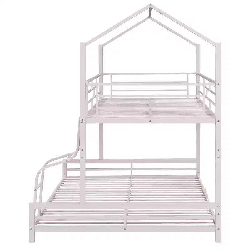 Lit superposé métallique en forme de maison, de taille simple sur double, avec échelle et garde-corps de sécurité, peut être divisé en 2 lits, Rose