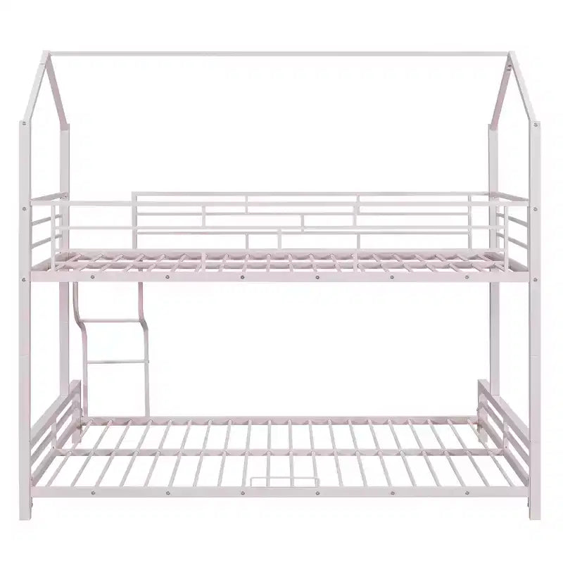 Lit superposé métallique en forme de maison, de taille simple sur double, avec échelle et garde-corps de sécurité, peut être divisé en 2 lits, Rose