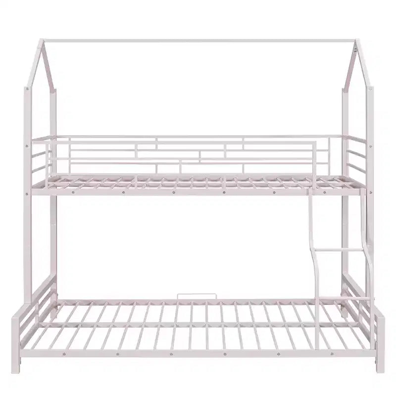 Lit superposé métallique en forme de maison, de taille simple sur double, avec échelle et garde-corps de sécurité, peut être divisé en 2 lits, Rose