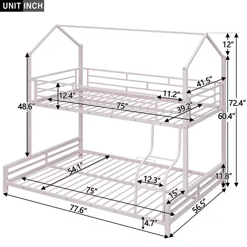 Lit superposé métallique en forme de maison, de taille simple sur double, avec échelle et garde-corps de sécurité, peut être divisé en 2 lits, Rose