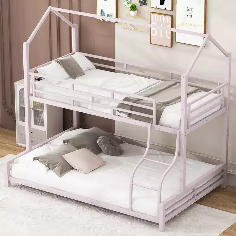 Lit superposé métallique en forme de maison, de taille simple sur double, avec échelle et garde-corps de sécurité, peut être divisé en 2 lits, Rose