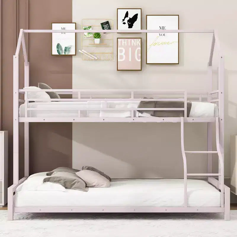 Lit superposé métallique en forme de maison, de taille simple sur double, avec échelle et garde-corps de sécurité, peut être divisé en 2 lits, Rose