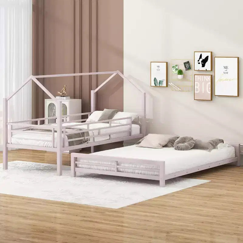 Lit superposé métallique en forme de maison, de taille simple sur double, avec échelle et garde-corps de sécurité, peut être divisé en 2 lits, Rose