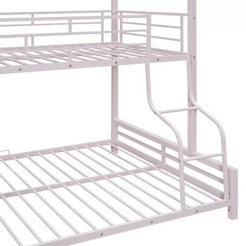 Lit superposé métallique en forme de maison, de taille simple sur double, avec échelle et garde-corps de sécurité, peut être divisé en 2 lits, Rose
