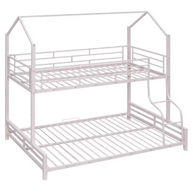 Lit superposé métallique en forme de maison, de taille simple sur double, avec échelle et garde-corps de sécurité, peut être divisé en 2 lits, Rose