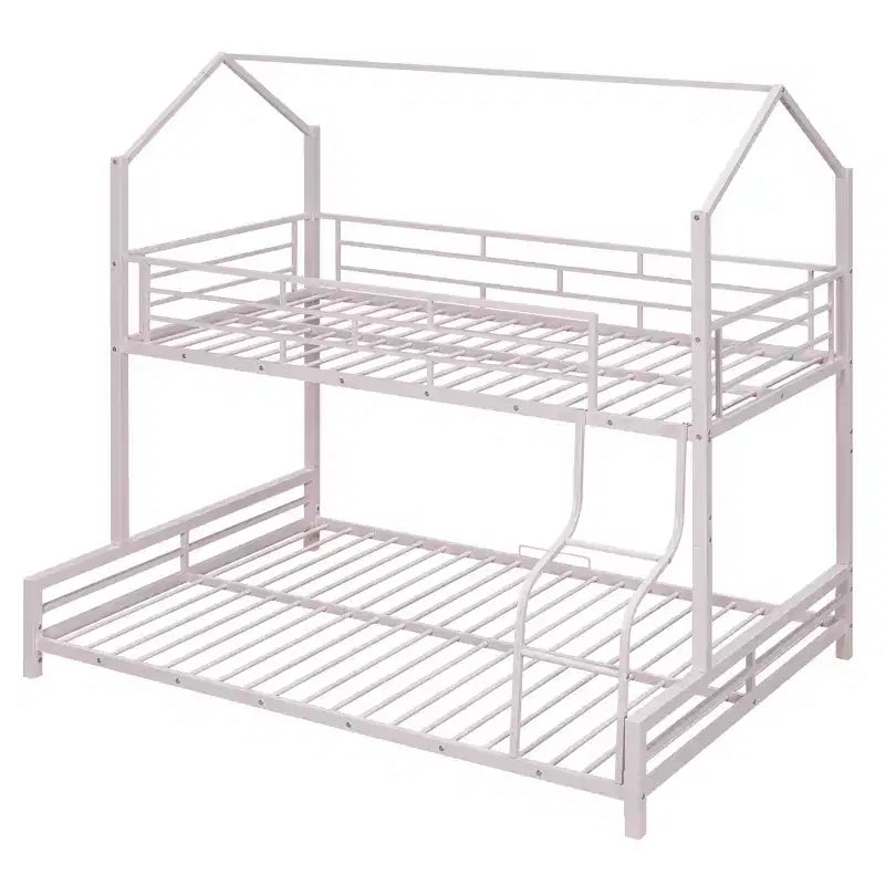 Lit superposé métallique en forme de maison, de taille simple sur double, avec échelle et garde-corps de sécurité, peut être divisé en 2 lits, Rose