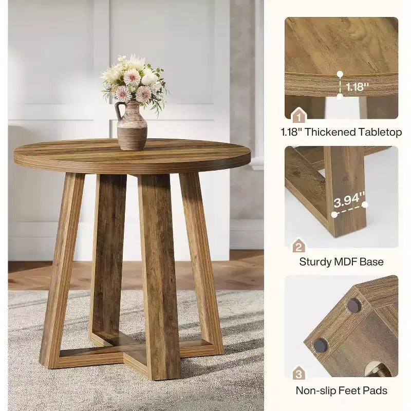 Table à manger ronde Lantine pour 2 à 4 personnes, table de cuisine de ferme de 80 cm pour petit espace, salle à manger, cuisine, appartement, marron rustique