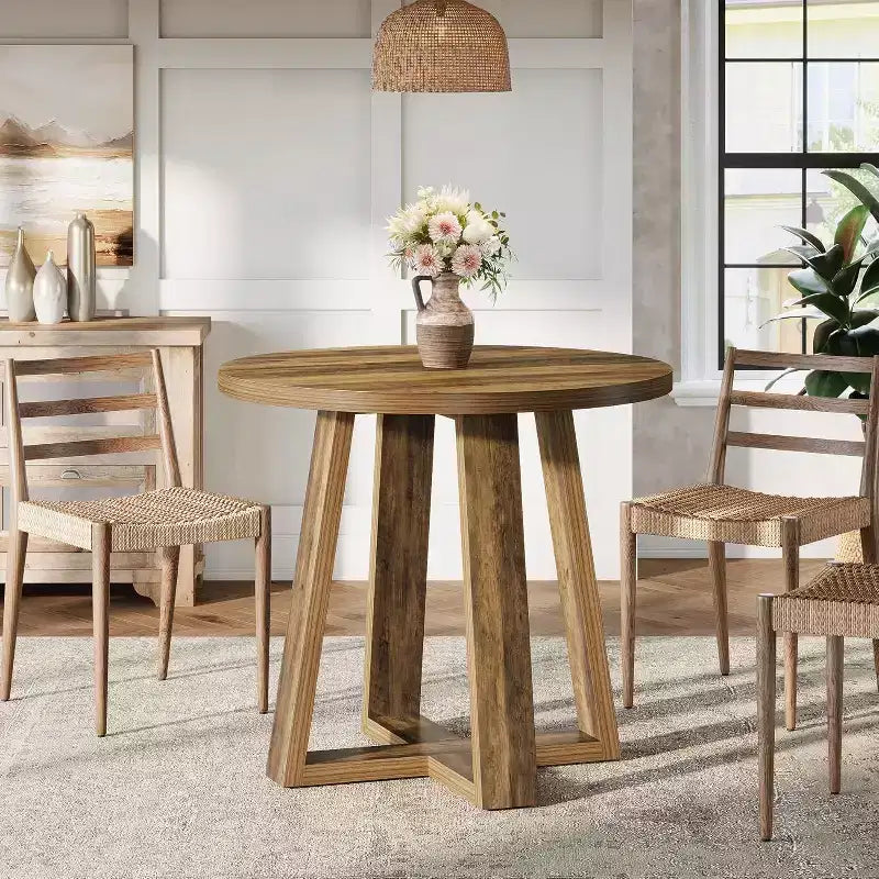 Table à manger ronde Lantine pour 2 à 4 personnes, table de cuisine de ferme de 80 cm pour petit espace, salle à manger, cuisine, appartement, marron rustique