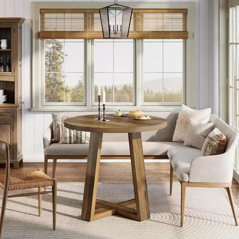 Table à manger ronde Lantine pour 2 à 4 personnes, table de cuisine de ferme de 80 cm pour petit espace, salle à manger, cuisine, appartement, marron rustique