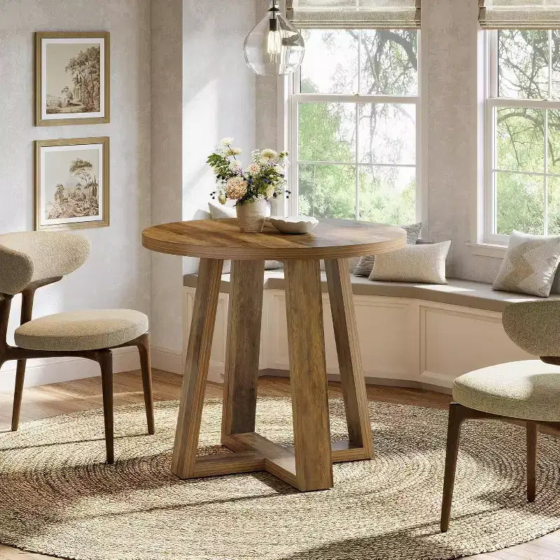 Table à manger ronde Lantine pour 2 à 4 personnes, table de cuisine de ferme de 80 cm pour petit espace, salle à manger, cuisine, appartement, marron rustique