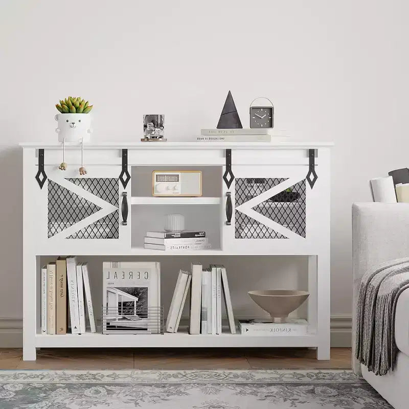 GustoWave Entryway Table w/Sliding Barn Doors, 46'' Farmhouse & Industrial Console Table with Storage, Sofa Table w/Open Shelf , White