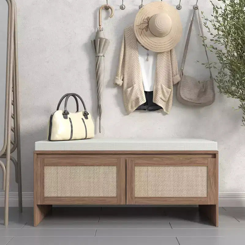 GDFStudio Gaylor Entryway Shoe Storage Bench with Faux Rattan Doors and Removable Cushion Seat