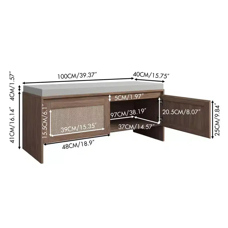 Banc de rangement pour chaussures d'entrée Gaylor de GDFStudio avec portes en rotin synthétique et coussin d'assise amovible