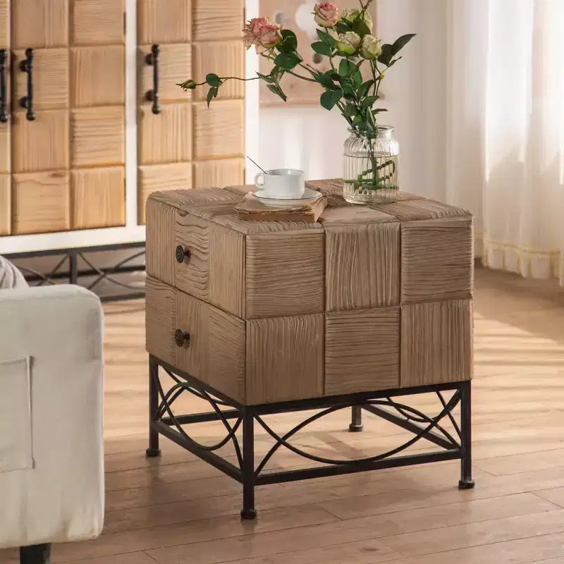 CuisinSmart 21.06 Retro Square Coffee Table With 2 Drawers Small Splicing Design Center Table For Dining Room Living Room Office