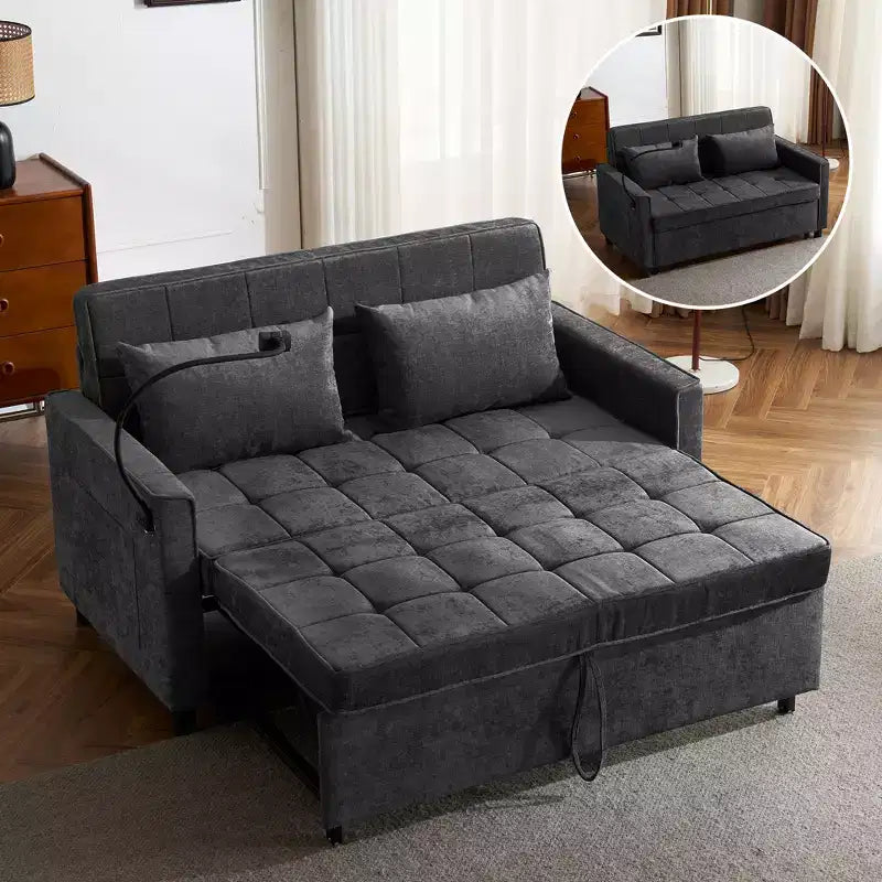 Bestier 56.9 Convertible Sleeper Sofa Bed, Upholstered Pull Out Sofa with USB and Adjustable Backrest, Foldable Couch Bed for Living Room-Black