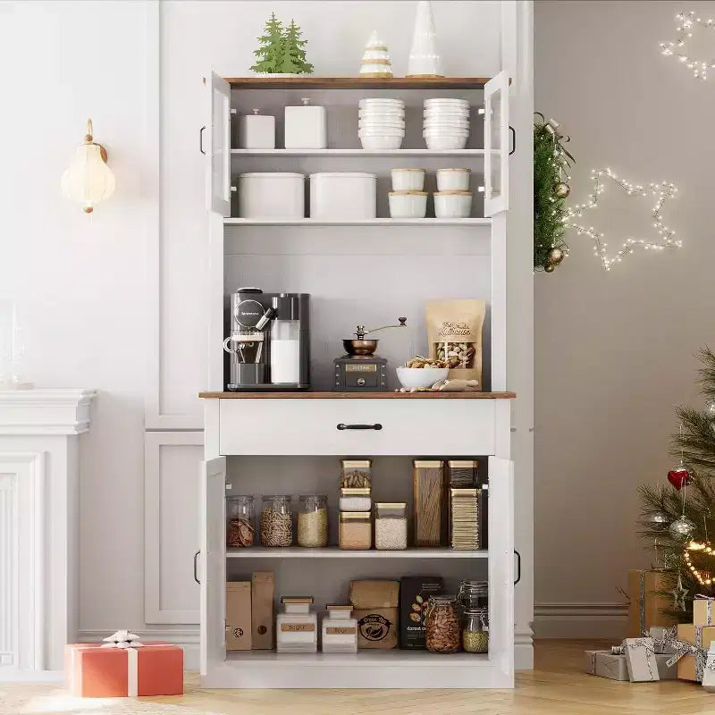 70.9 Armoire de cuisine haute, Armoire de rangement en bois avec support à micro-ondes, Armoire autonome, Meuble de bar à café