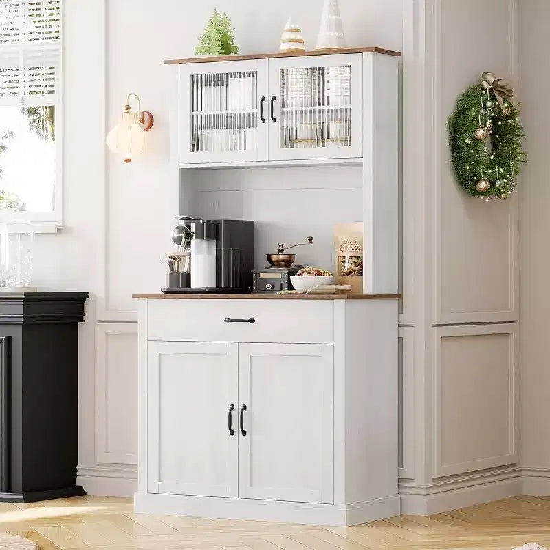 70.9 Armoire de cuisine haute, Armoire de rangement en bois avec support à micro-ondes, Armoire autonome, Meuble de bar à café