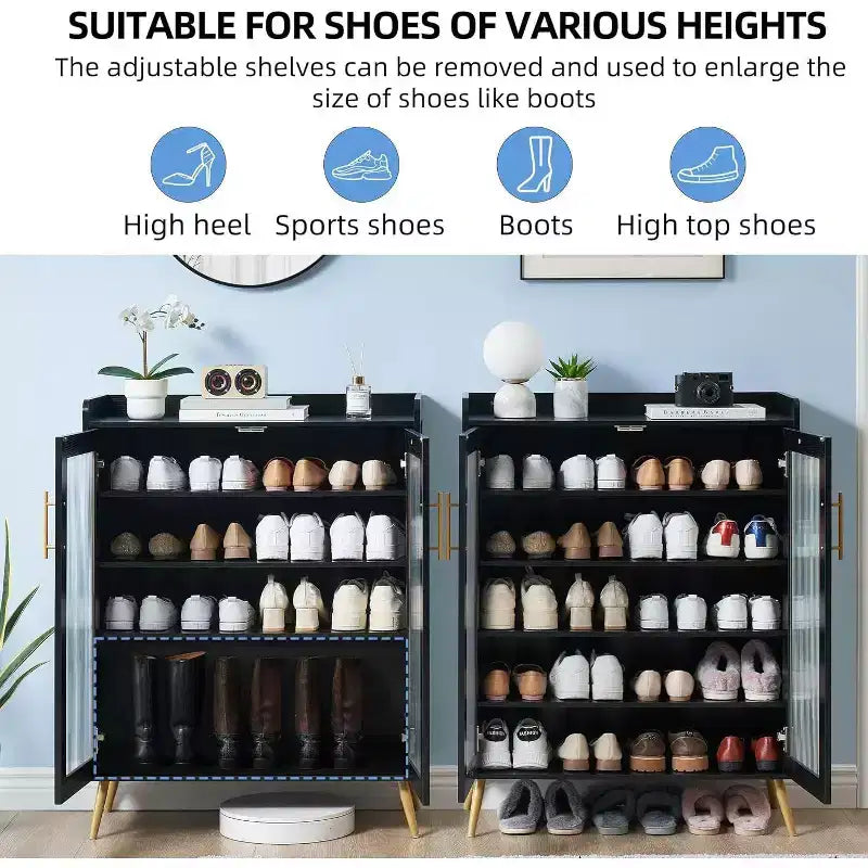 Meuble de rangement pour chaussures avec portes vitrées, Armoire à chaussures à 5 niveaux avec pieds de support robustes, Meuble de rangement pour chaussures pour salon, entrée