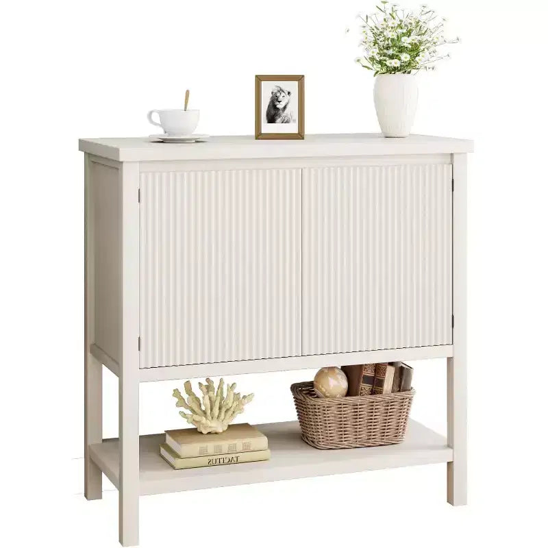 COZONY Farmhouse Console Table with Storage, Rustic White Entryway Table with Fluted Doors, Buffet Sideboard for Living Room