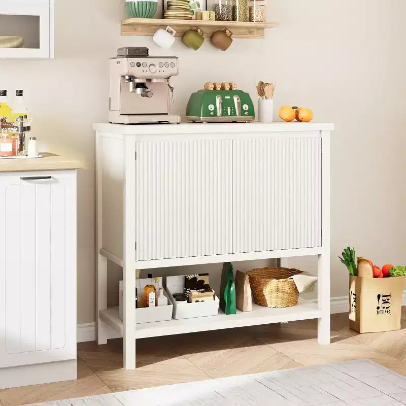 Console rustique COZONY avec rangement, meuble d'entrée blanc avec portes cannelées, buffet pour salon