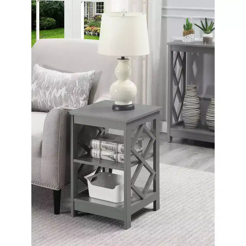 HomeStock Belmont Diamond End Table with Three Tier Shelves and Decorative Side Cut Outs, Contemporary Accent Storage Table for Living Room