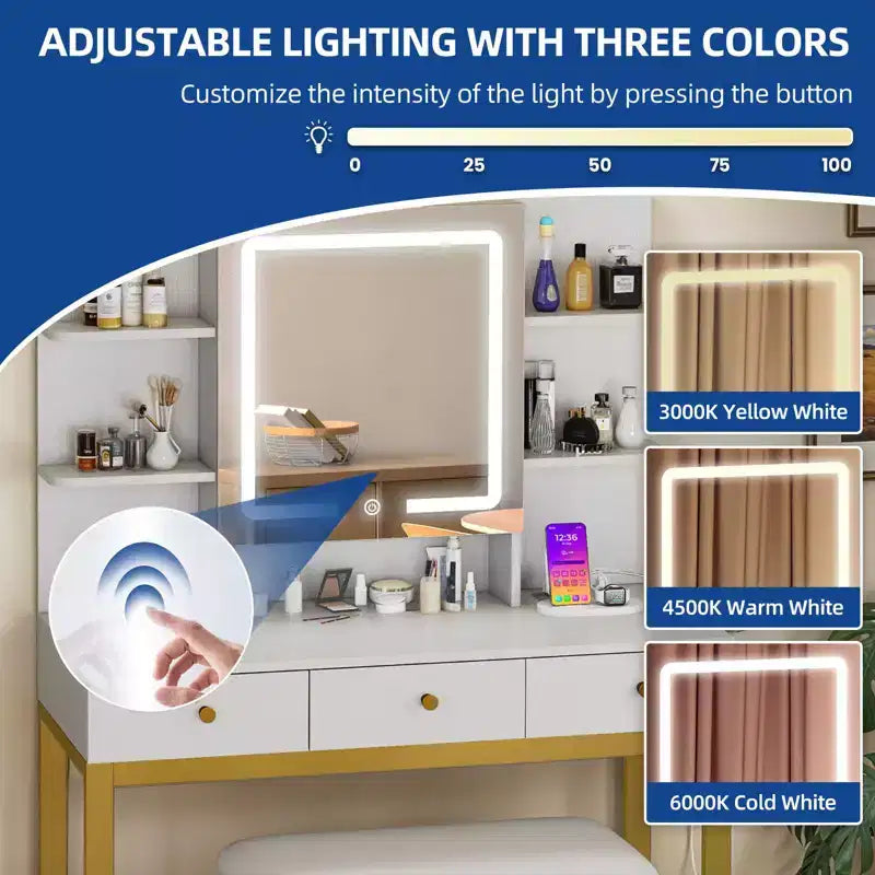 Coiffeuse Maquillage avec 11 Ampoules et Miroir 4 Tiroirs et Étagères Intégrées avec Prise de Courant 3 Modes d'Éclairage Réglables pour Chambre à Coucher