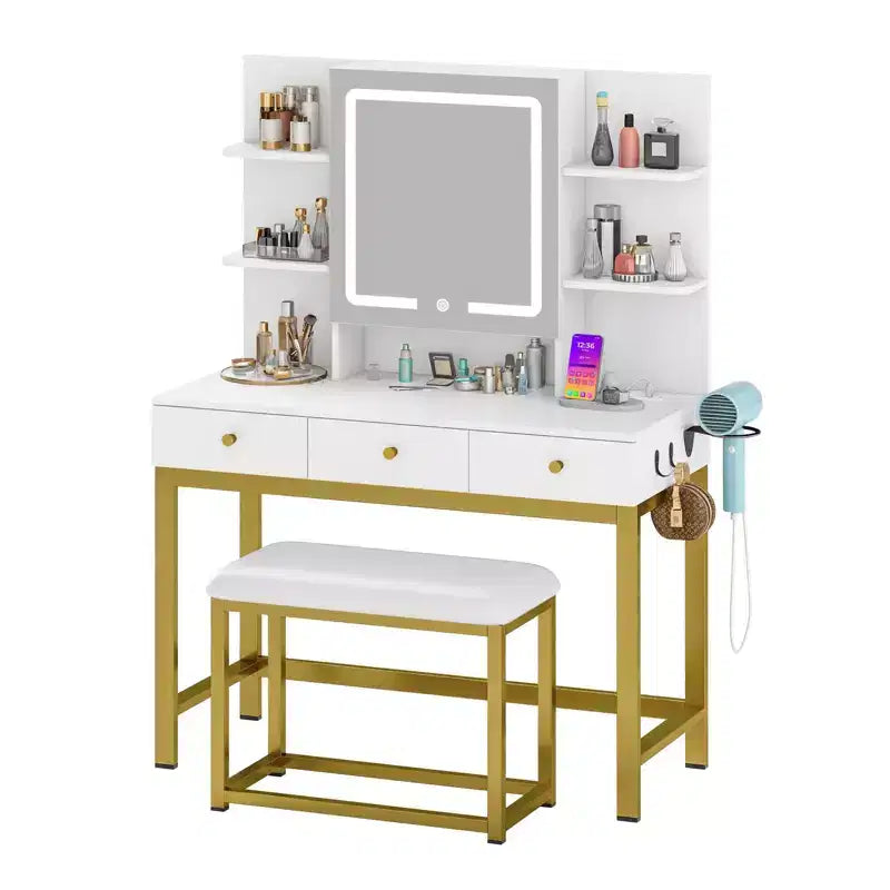 Coiffeuse Maquillage avec 11 Ampoules et Miroir 4 Tiroirs et Étagères Intégrées avec Prise de Courant 3 Modes d'Éclairage Réglables pour Chambre à Coucher