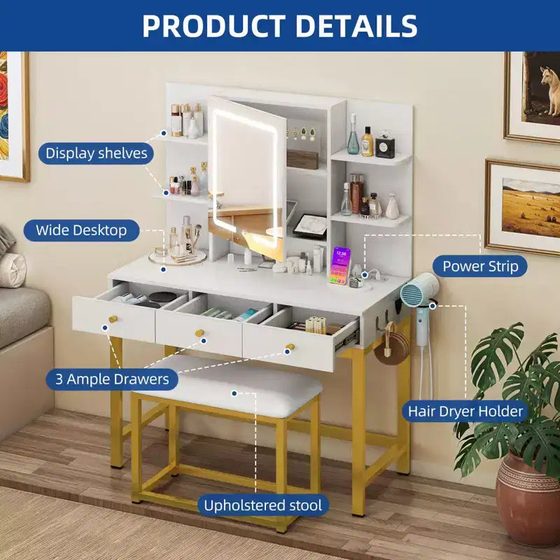 Coiffeuse Maquillage avec 11 Ampoules et Miroir 4 Tiroirs et Étagères Intégrées avec Prise de Courant 3 Modes d'Éclairage Réglables pour Chambre à Coucher