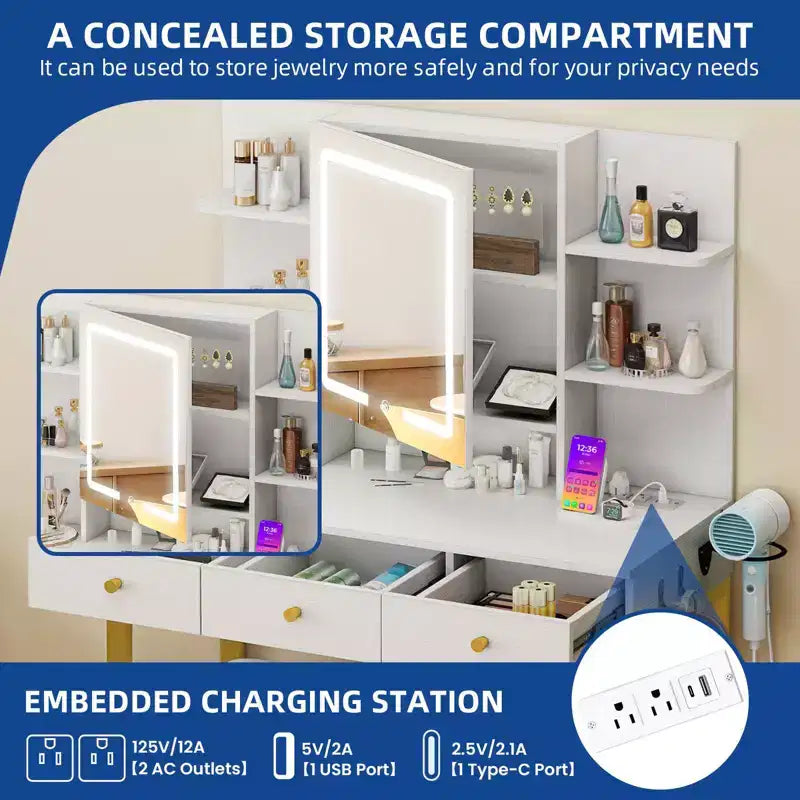 Coiffeuse Maquillage avec 11 Ampoules et Miroir 4 Tiroirs et Étagères Intégrées avec Prise de Courant 3 Modes d'Éclairage Réglables pour Chambre à Coucher