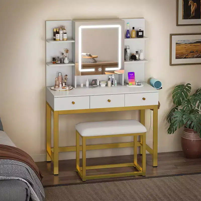 Coiffeuse Maquillage avec 11 Ampoules et Miroir 4 Tiroirs et Étagères Intégrées avec Prise de Courant 3 Modes d'Éclairage Réglables pour Chambre à Coucher