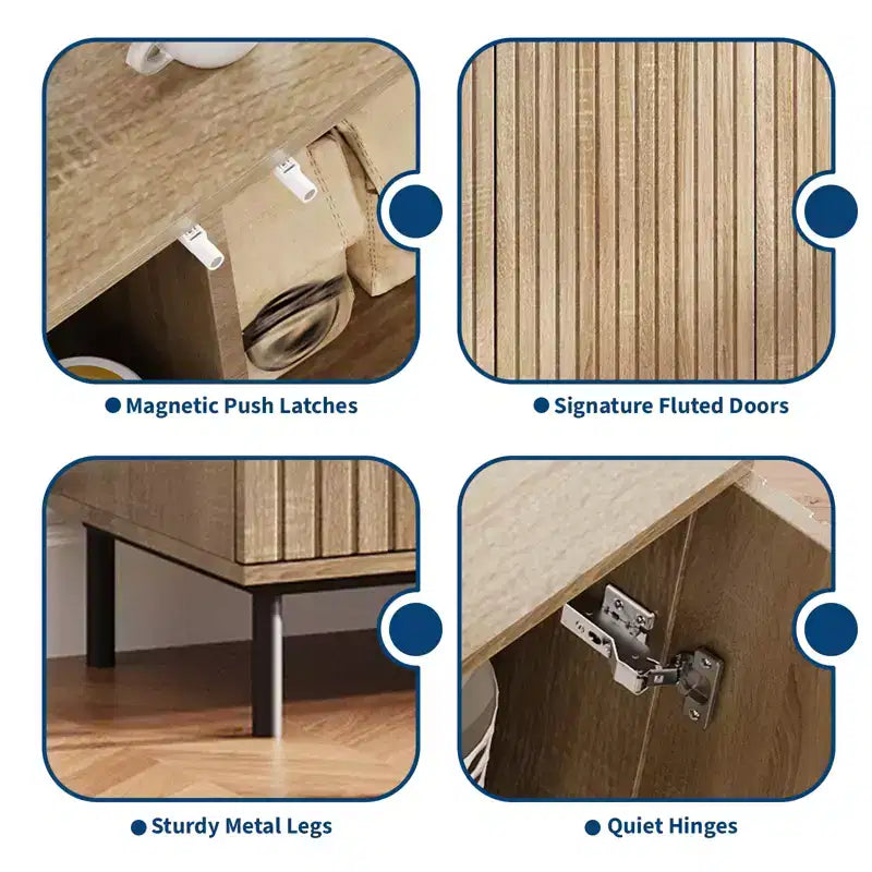 Meuble buffet-bahut cannelé avec 4 portes, étagères réglables et pieds en métal, pour salon et salle à manger