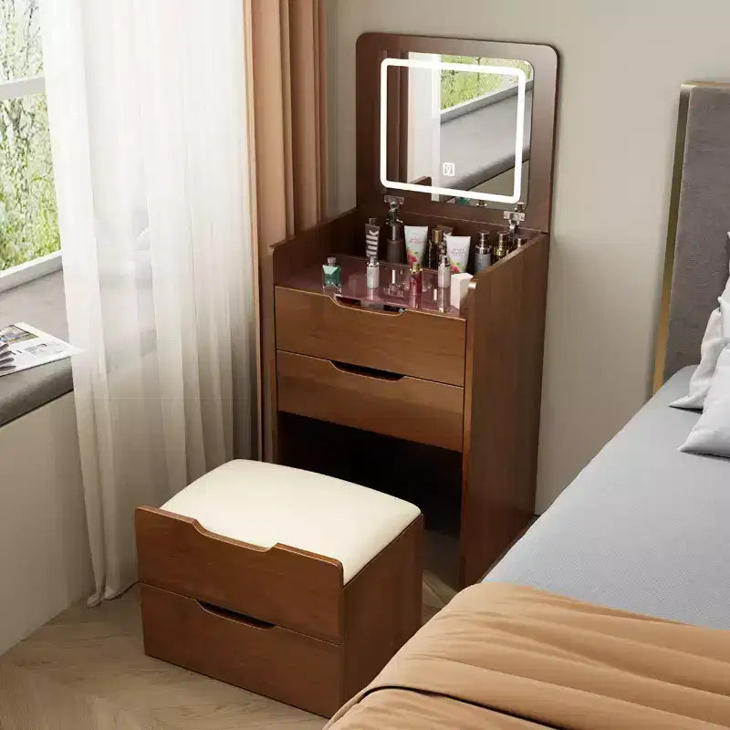 JVNOXK3 in 1 Vanity Desk with Plip Top Mirror, Small Make Up Vanity Set with Visible Glass Desktop, Compact Makeup Vanity with 3 Drawers, Walnut