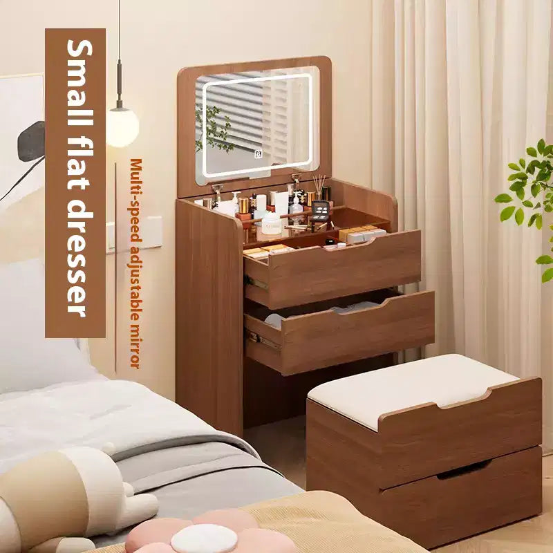 JVNOXK3 Coiffeuse 3 en 1 avec miroir escamotable, petite coiffeuse avec plateau en verre visible, coiffeuse compacte avec 3 tiroirs, Noyer