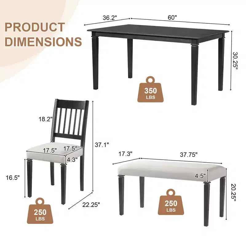 Ensemble de salle à manger rétro MAYEERTY 6 pièces, table en bois, 4 chaises et banc
