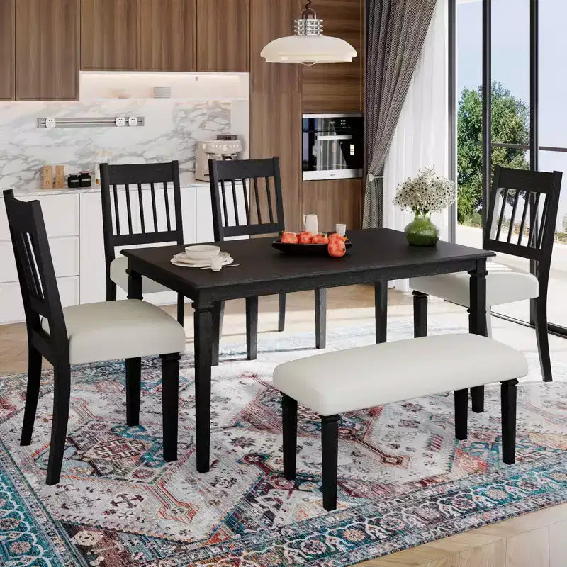 Ensemble de salle à manger rétro MAYEERTY 6 pièces, table en bois, 4 chaises et banc