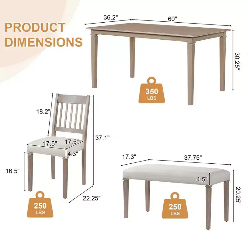 Ensemble de salle à manger rétro MAYEERTY 6 pièces, table en bois, 4 chaises et banc